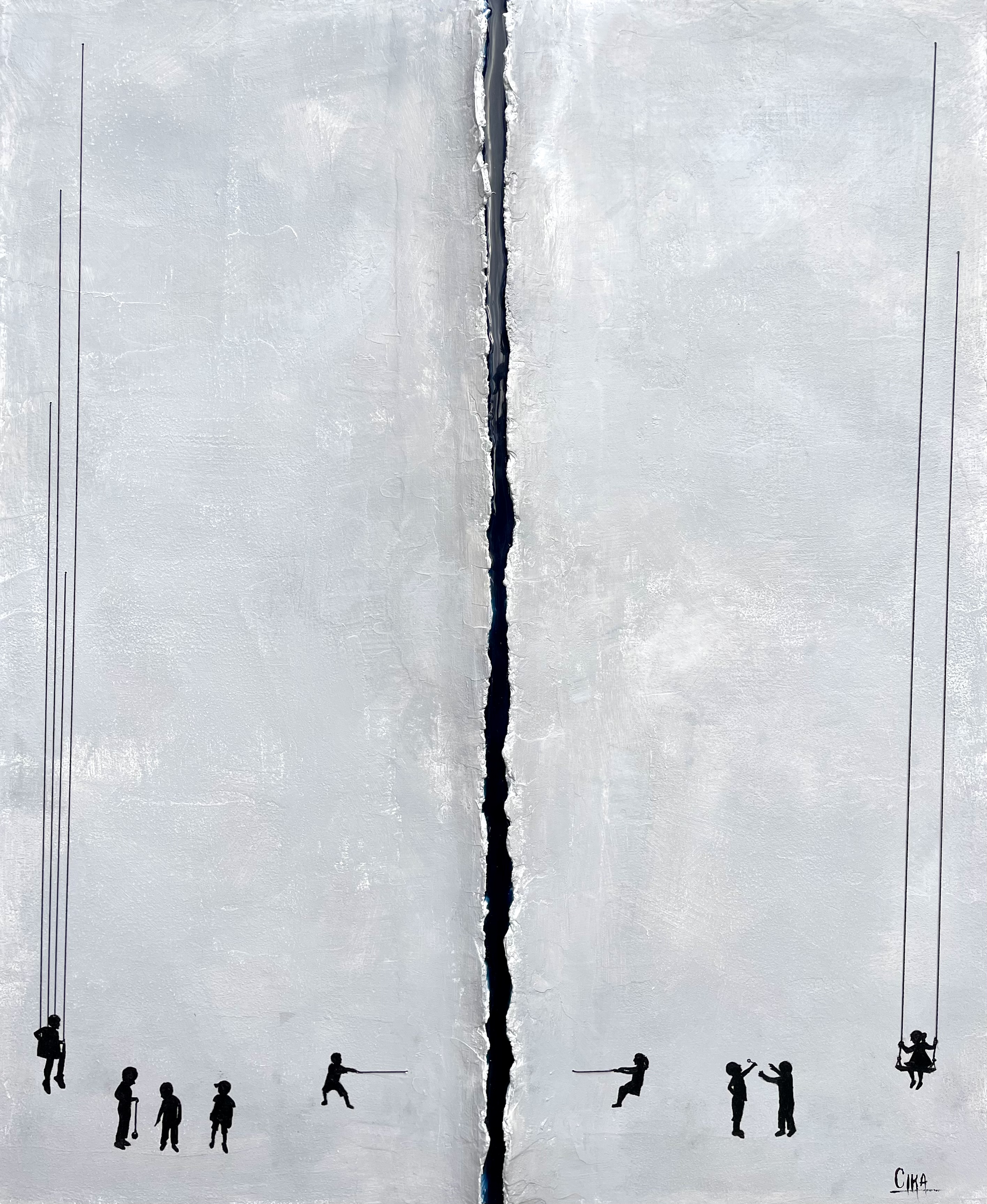 JUGUEMOS DE NUEVO 60x73 Técnica mixta sobre madera 2024 • Vuelve a empezar. Desde el inicio. Desde la infancia.