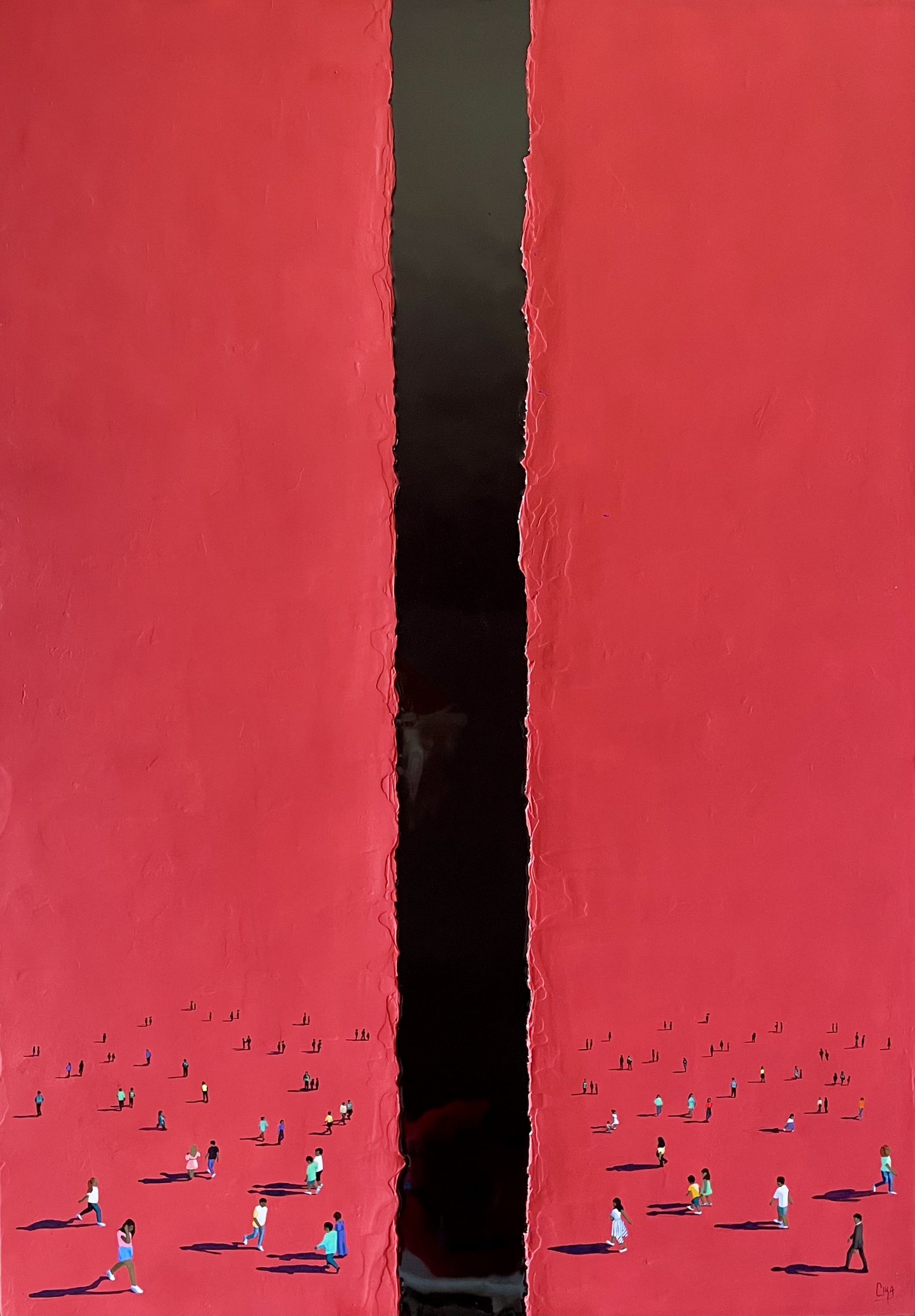 MEMORIA 134x94 Técnica mixta sobre lienzo 2026 La humanidad avanza sobre un suelo compartido, pero cada paso deja recuerdos distintos a cada lado. Lo que para unos es presente, para otros ya es pasado. Y entre ambos queda ese vacío oscuro donde se acumulan las historias olvidadas, los nombres que ya nadie pronuncia. Aun así, la humanidad sigue caminando. Como si, de algún modo, la memoria , aunque fragmentada, siguiera sosteniendo el mismo suelo bajo los pies de todos.