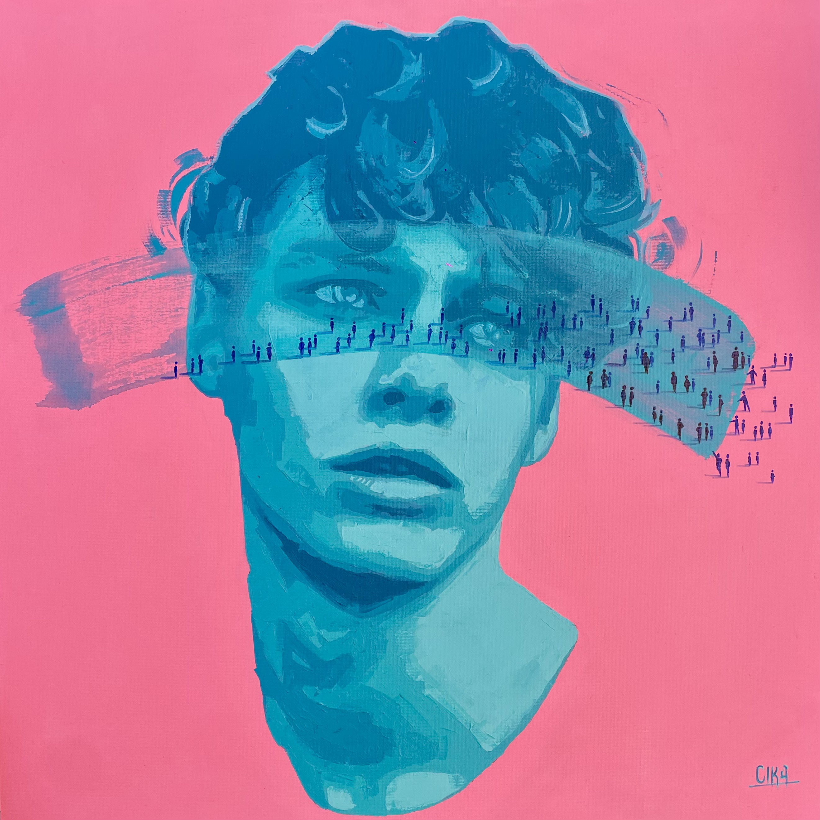 A THOUSAND EYES - MIL OJOS 50x50 Acrílico sobre lienzo 2026 Un rostro que no mira solo. Dentro de sus ojos caminan cientos de historias. Cada persona es un pensamiento, cada paso una memoria. Somos individuos, pero también somos la multitud que habita en nuestra mente.