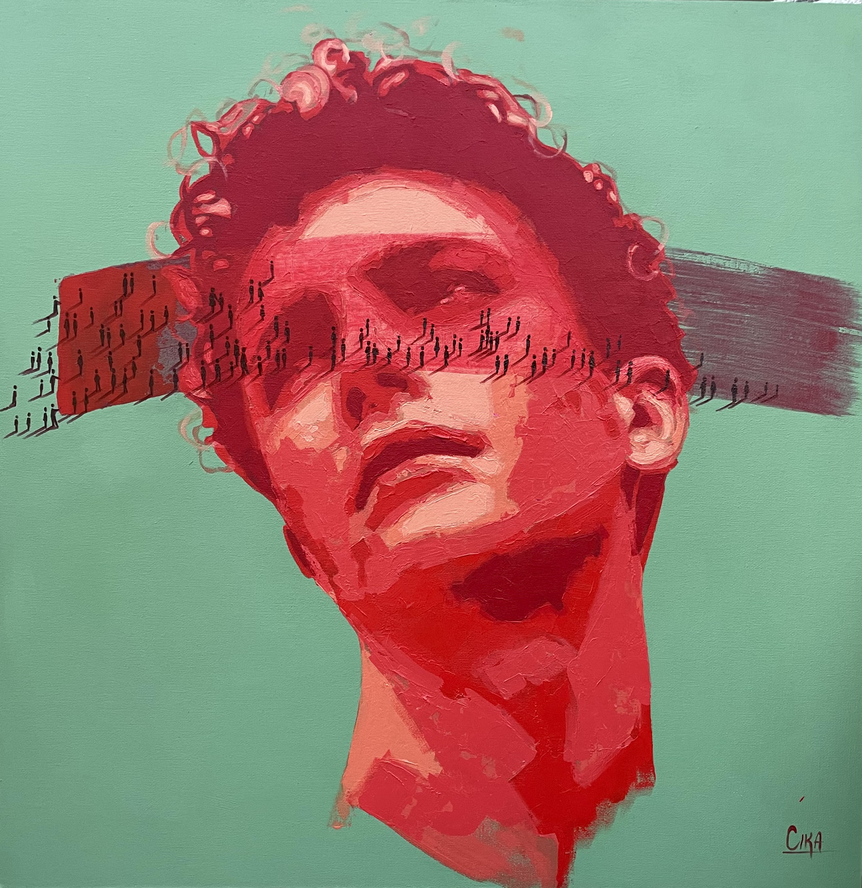 INNER CROWD - MULTITUD INTERIOR • 50x50 • Acrílico sobre lienzo • A veces la mente se llena de pasos ajenos. Pensamientos, voces y presencias invisibles cruzan nuestra mirada hasta volverla borrosa. El rostro permanece, pero la visión se pierde entre multitudes que caminan sin destino. En ese silencio, uno descubre que la verdadera ceguera no está en los ojos, sino en el ruido que habita en ellos.