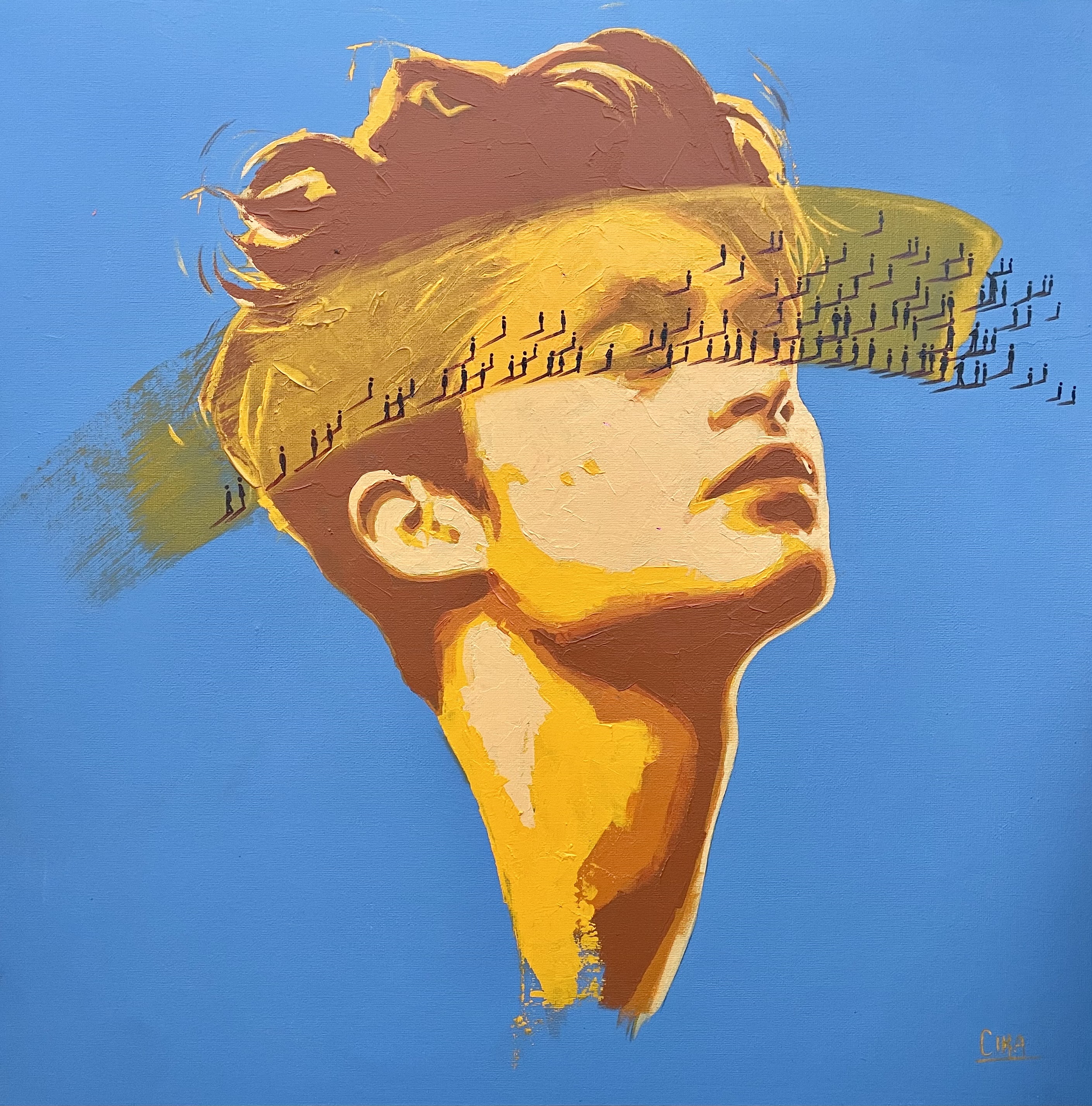 SILENT HORIZON - HORIZONTE SILENCIOSO • 50x50 • Acrílico sobre lienzo • Entre la luz y la sombra, la mente va más allá de lo que los ojos pueden contener. Las figuras se desvanecen en el pensamiento, como recuerdos que se disuelven con el tiempo. En la quietud, hay pérdida y libertad. Un recordatorio silencioso de que ver no siempre es sinónimo de entender.